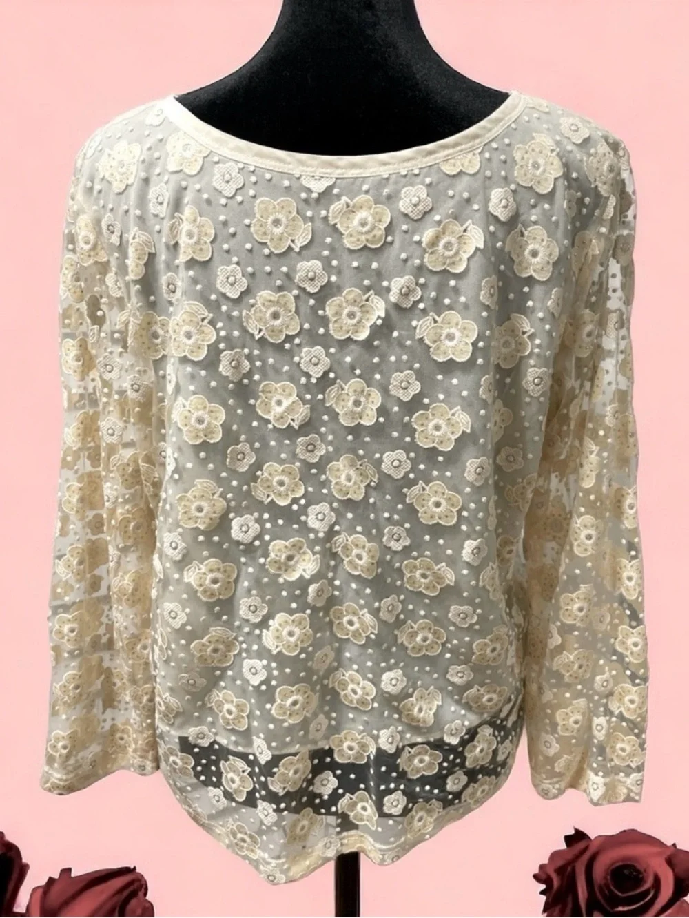 Anthropology Floral Pattern Long Sleeve Beige Blouse Lightweight  lining size M